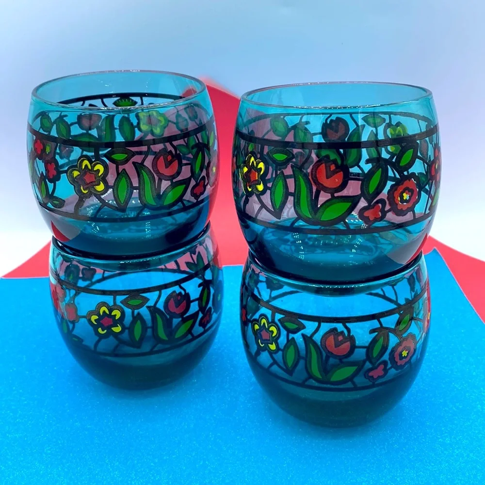 Mid Century Aqua Flower Roly Poly Lowball Tumblers Set Of 4